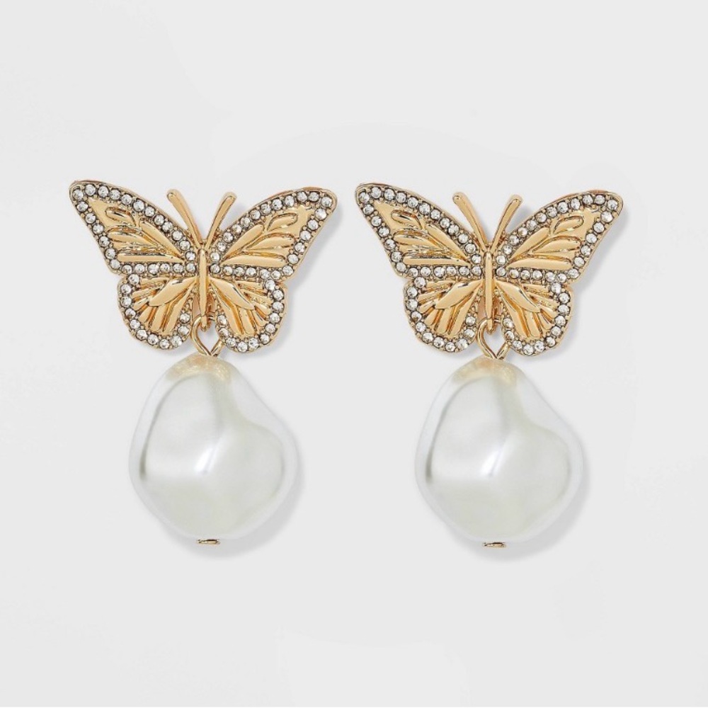 NWT SUGARFIX by BaubleBar Crystal Wings Butterfly Drop Earrings, Gold